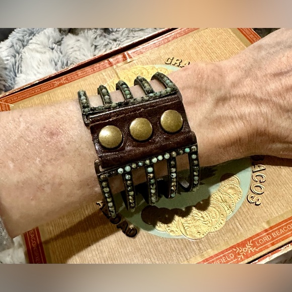EUC by Rebel Designs. 5-Bar, Metal, African Turquoise, Vintage Leather, Bracelet - Picture 4 of 11